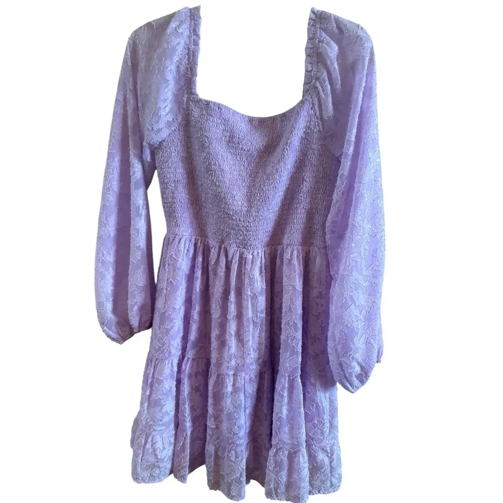 She +Sky Lavender Mini Dress Sz Small Smocked Waist Puff Sleeves *rip on ruffle